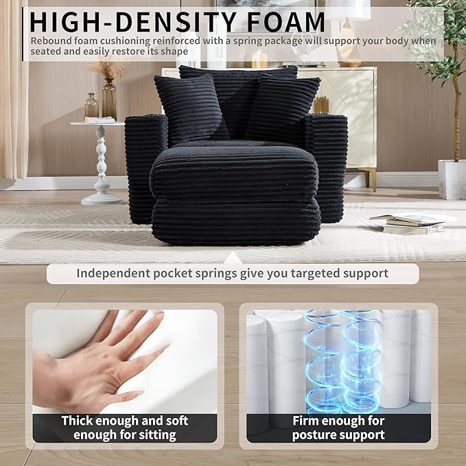 Boneless Chaise Lounge Chair Indoor, All-Foam Convertible Lounge Chair with No Frame, Wide Reclining Floor Lounger for Reading, Napping & Relaxation, No Assembly Needed (Black)