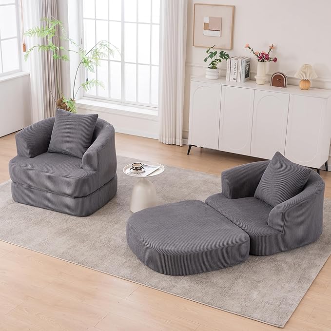 Oversized Convertible Sleeper Chair, Convertible Couch Bed with Backrest and Pillow, Corduroy Oversized Armchair for Adults, Comfy Sleeper Chair Bed for Living Room, Bedroom, Home Office, Grey