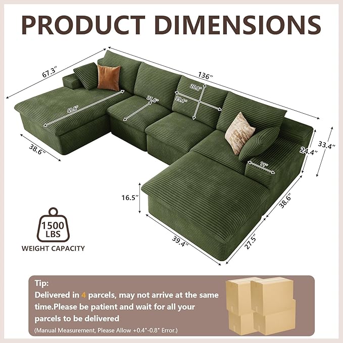 136" Cloud Modular Sectional Sofa with 1 Ottoman, Modern Upholstered Corduroy Couches, Comfort U Shaped Sofa for Living Room, Deep Seat Boneless Couch, No Assembly Required(Green,Left Facing Chaise)