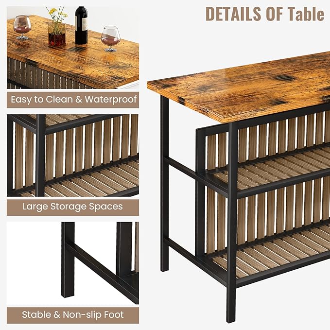 Lamerge 3 Piece Bar Table and Chairs Set, Industrial Bar Table Set for 2 Kitchen Island with Seating,Counter Height Table with Storage Shelves,Dining Room Table Set for Kitchen,Walnut