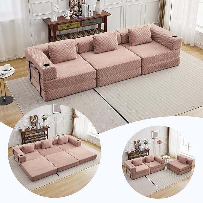 118" Oversized Convertible Floor Sofa Bed, Boneless Foldable Mattress Cloud Couch with Pillow Back & Armrest, Fold Out Floor Couch with Cup Holder for Living Room Bedroom Lounge, Corduroy, Pink