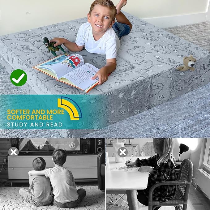 MeMoreCool Dinosaur Glow Foam Kids Play Couch Set, Gray Modular Sofa & Lounger – Glow-After-Light Dinosaur Pattern, Machine-Washable Cover