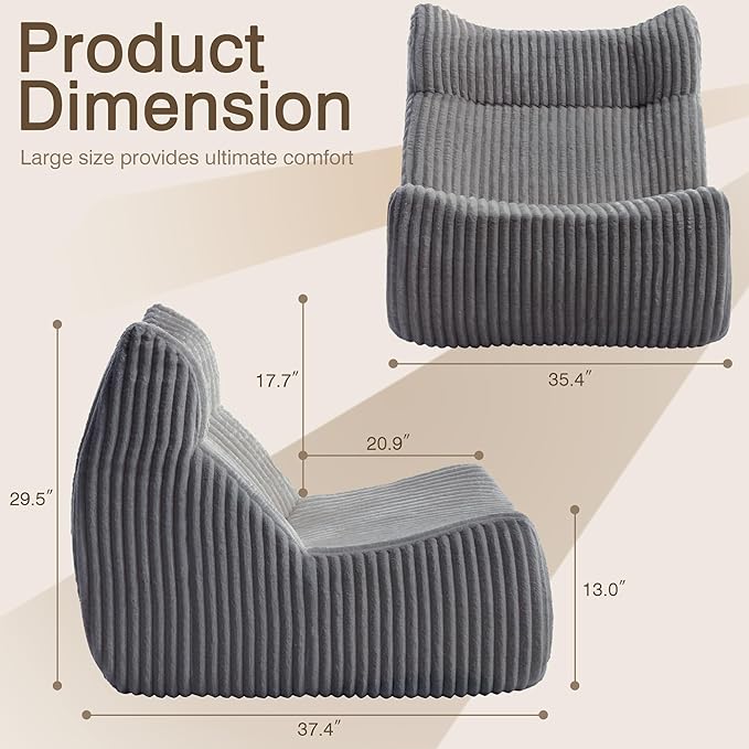 Big Bean Bag Chairs, Lazy Floor Sofa, Fireside Chair for Living Room, Bedroom, Office (Grey, Single Seat)