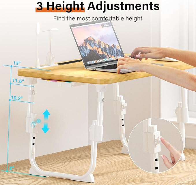 DECOSIS Laptop Bed Desk Height Adjustable, Bed Laptop Table with USB/Storage Drawer/Cup Holder/Tablet Stand/Book Shelf, Foldable Breakfast Tray Portable for Reading Writing, Bed, Sofa & Floor, Wood