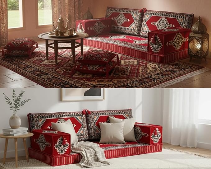 Arabic Majlis Floor Seating Set, Arabic Majlis, Turkish Sofa, Floor Cushions, Seating Cushions, Moroccan Home Decoration, Moroccan Terrace Pallet Sofas, Sectional Sofas, Red