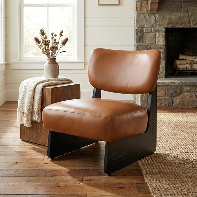 Brown Faux Leather Living Room Chairs Set of 2, Cozy Upholstered Armless Accent Chair for Bedroom, Black Wood Frame, Vintage Modern Lounge Reading Chair for Apartment Waiting Room Office