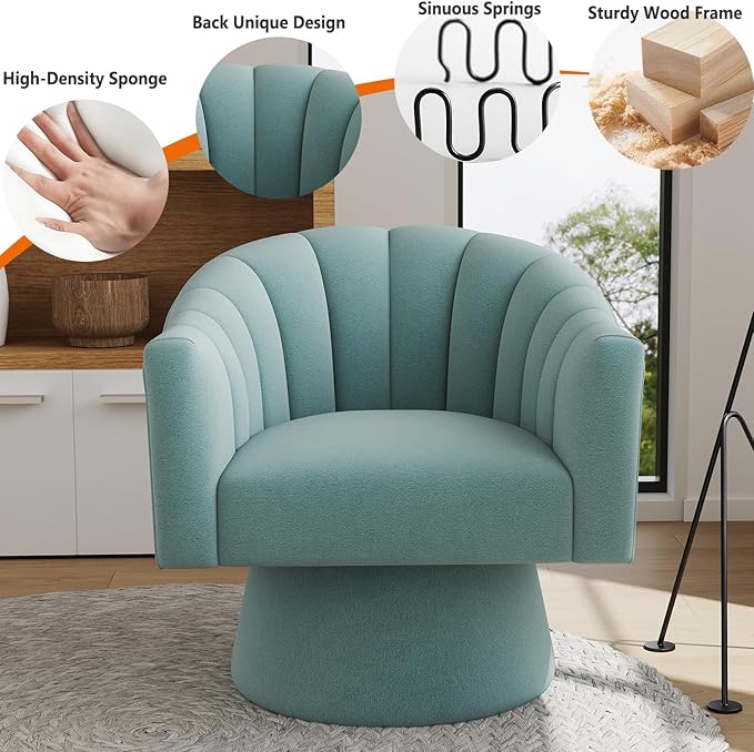 Swivel Accent Chair,Upholstered Velvet 360° Swivel Barrel Chair for Living Room Overstuffed Bouncle Reading Chair Round Armchair for Bedroom,Vanity,Office(Blue)