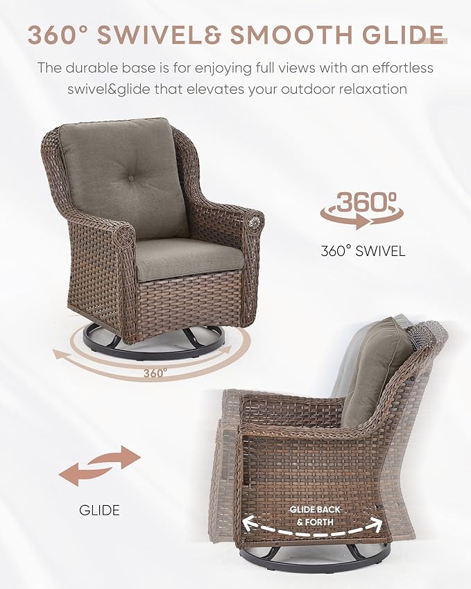 ACTREST Patio Chairs Outdoor Swivel Glider - Set of 2 High Back Outside Brown Wicker Rattan Rocking Chair with Zippered Cushion for Porch Apartment Deck Yard Poolside Garden - Grey