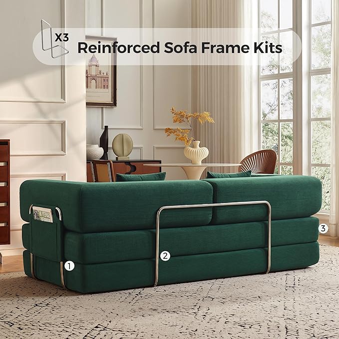 Carzzi-Life 79" Convertible Sofa Bed with Pillows, Corduroy Folding Sleeper Sofa with Fixed-Shape Frame, Boneless Couch for Living Room Bedroom, Floor Sofa Lounge No Assembly Required (Green)