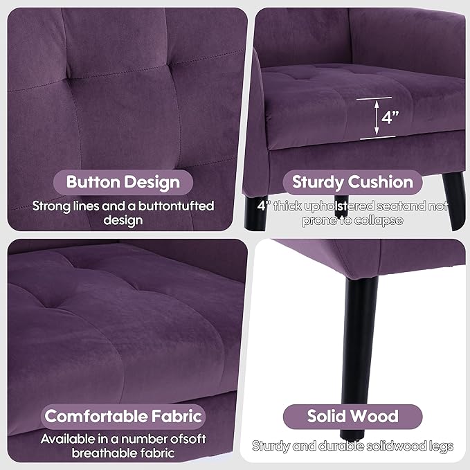 OO BY ORANGE ONLINE Set of 2 Velvet Accent Chair, Mid-Century Modern Tufted Armchair for Living Room, Bedroom & Office (Purple)