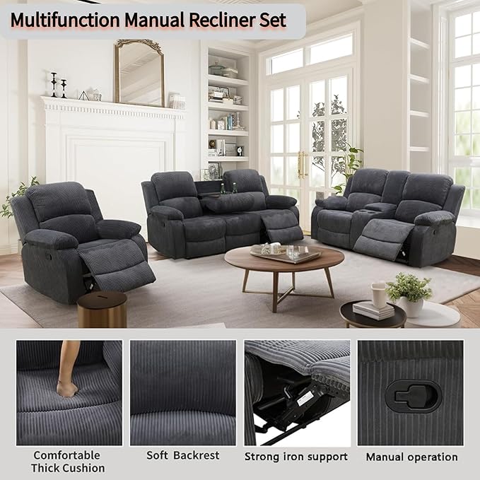 Manual Reclining Sofa Set with Drop-Down Table, Corduroy Sofa Sets, Living Room Furniture Sets, Modern Manual Recliner Sofa Sets with Storage Console for Living Room (Dark Grey, Sofa+Loveseat+Chair)