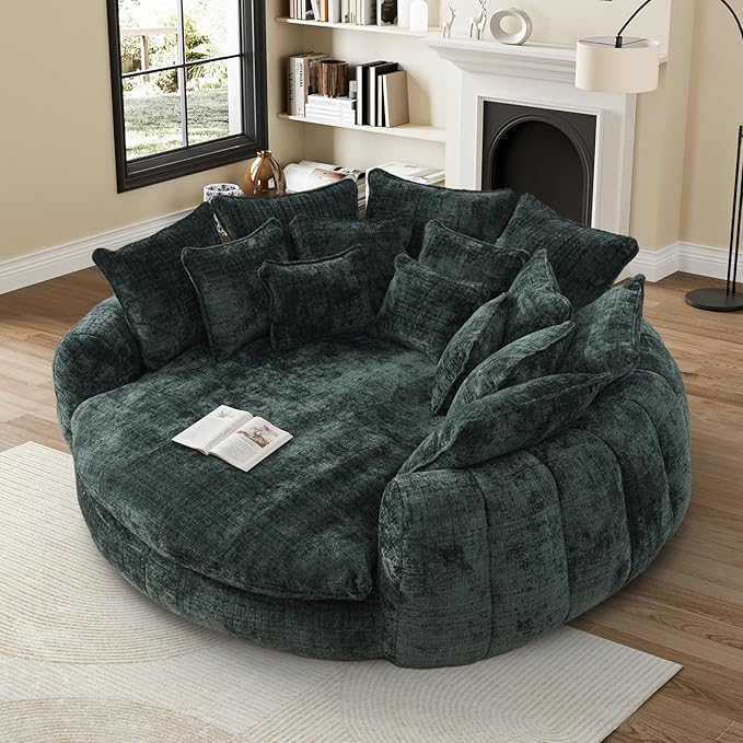 81" Oversized Bean Bag Chair Boneless Round Chaise Lounge Comfy Chenille Reading Chair Fluffy Plush Sofa Bed Large Deep Seat Circle Cloud Couch for Living Room, Bedroom, Apartment, Green