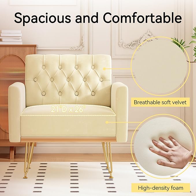 Accent Chair for Living Room, Comfy Oversized Velvet Upholstered Arm Chairs, Mid Century Modern Reading Single Sofa Side Chair with Tufted Back and Gold Legs for Bedroom (2, Beige)