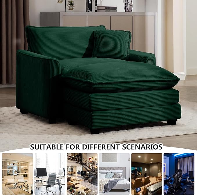 Aoowow Corduroy Large Armchair with Ottoman,Tufted Indoor Chaise Lounge Chair,Oversized Single Sofa Chair with Footrest,Single Seat Cloud Sofas Couches for Living Room (Green, Sofa Chair + Ottoman)