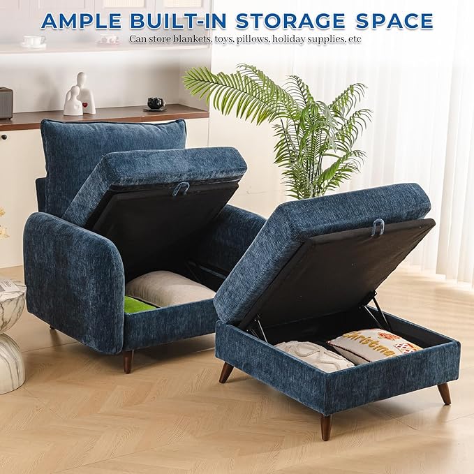 Oversized Accent Chair with Ottoman,All Seats Storage,Comfy Big Armchair,24.5'' Deep Seat,Upholstered Living Room Chairs,Reading Chair,Lounge Chair for Bedroom,Office,Chenille,Blue