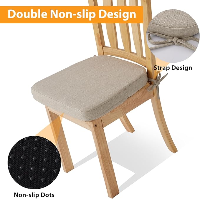 Ruqmuis Chair Cushions for Dining Chairs, 2" Thick Seat Cushions for Kitchen Chairs, D-Shaped Chair Pads with Washable Cover, Ties and Non Slip Backing, 17'' x 16'', Set of 6, Beige