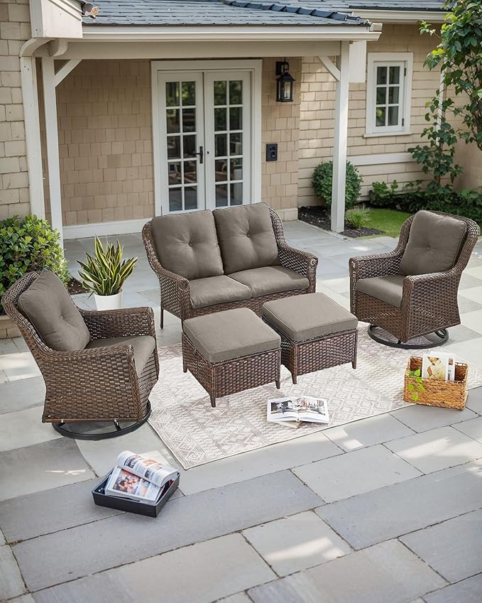 ACTREST Patio Ottoman Outdoor Wicker Side Table - 2PCS Multipurpose Heavy Duty All-Weather Brown Rattan Extra Seating Bench Footrest Footstool for Garden Back Porch Poolside Apartment - Grey