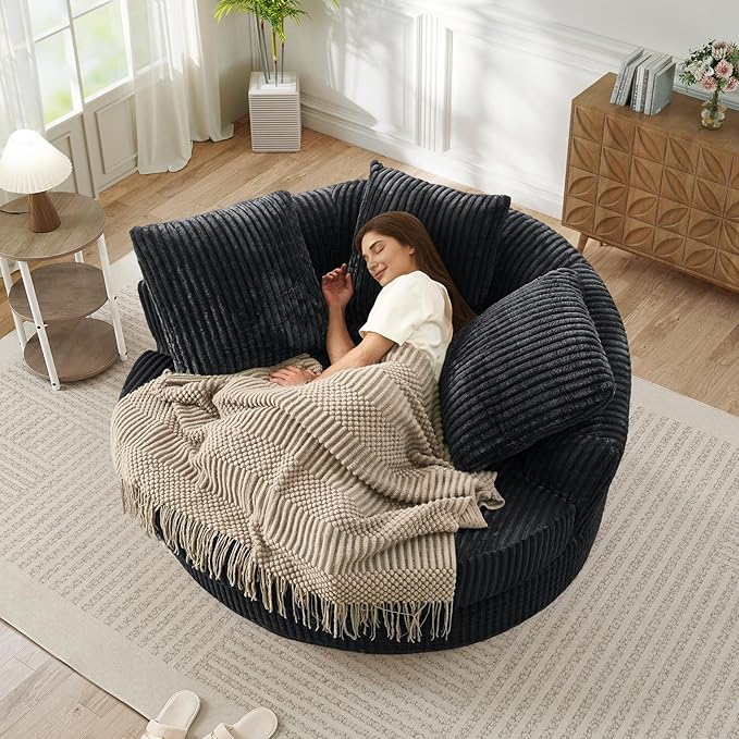 61"W Oversized Round Chaise Lounge Chair Indoor, Upholstered Corduroy Large Circle Boneless Chair with Deep Seat, No Assembly Required, Modern Comfy Cloud Sofa Chairs for Living Room, Bedroom(Grey)