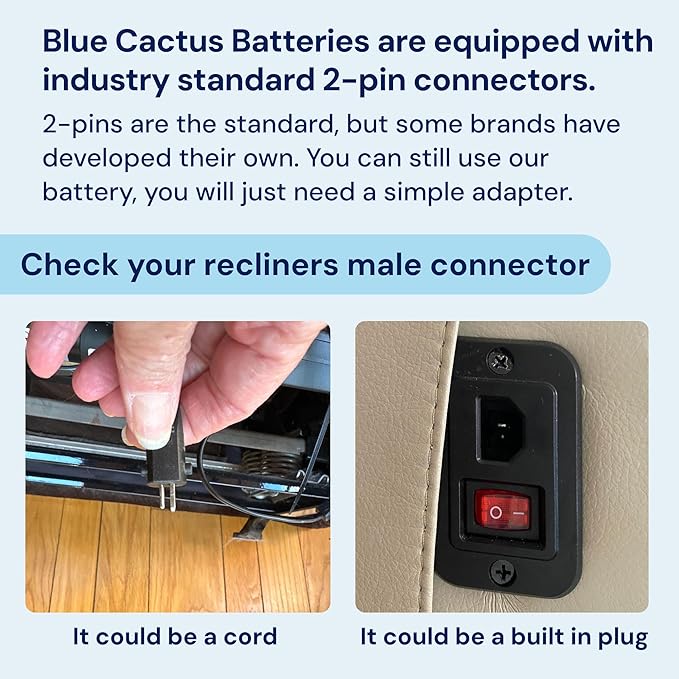 The Blue Cactus Max Power 5000mAh Kit - Battery, Power Transformer, Cords - 2-Pin Connector - Wireless with LED & Low Charge Alert - Couch Battery Pack for Reclining Chairs, Sofas & Loveseats