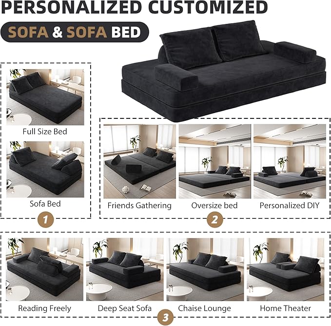 Convertible Sleeper Sofa Bed Floor Sofa,86.6" King Size Folding Mattress Couch with Pillow,Upholstered Boneless Cloud Couch for Apartment Living Room Bedroom (Dark Gray)