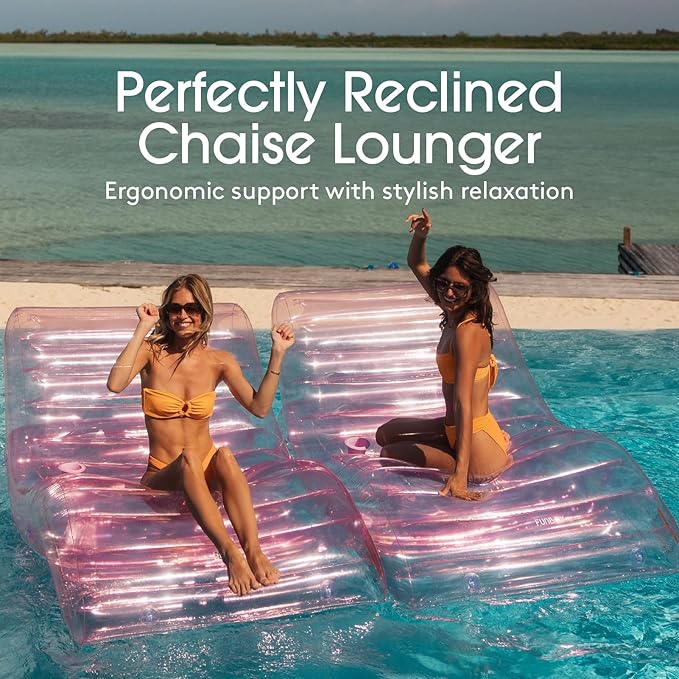 FUNBOY Giant Inflatable Luxury Clear Pale Pink Chaise Lounger, Chair Pool Float for Adults, Transparent Seaglass Green Material, Perfect for a Summer Pool Party