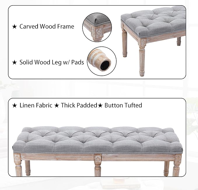 DM Furniture Farmhouse Dining Bench 48" Long Vintage Tufted Bench with Wood Legs Upholstered Entryway Bench Fabric End of Bed Bench for Bedroom Living Room Hallway, Grey