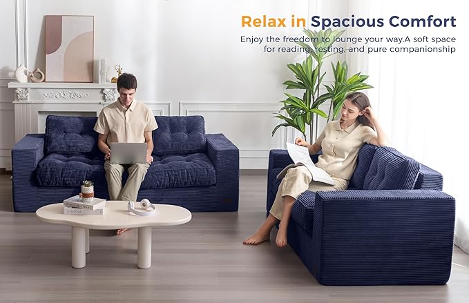 MAXYOYO 3-Seater Boneless Sofa Couch, Tufted Corded Sofa Lounge for Living Room, Comfy Bean Bag Chair High-Density Foam Couch with Pillows, No Assembly Required