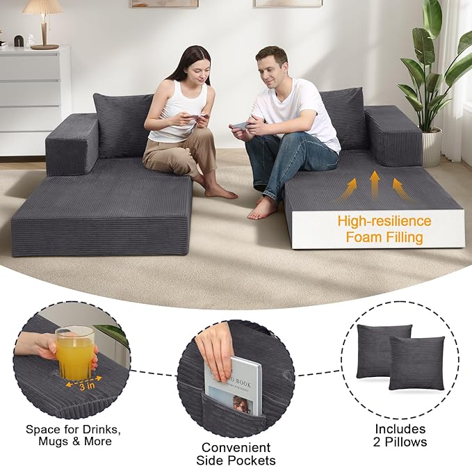 COMAX Futon Sofa Bed Queen, 79" Convertible Sofa Bed Couches for Living Room, 4 in 1 Folding Boneless Sleeper Corduroy Couch Loveseat Foam in a Box, Foldable Comfy Lounge Fold Out Floor Mattress Grey