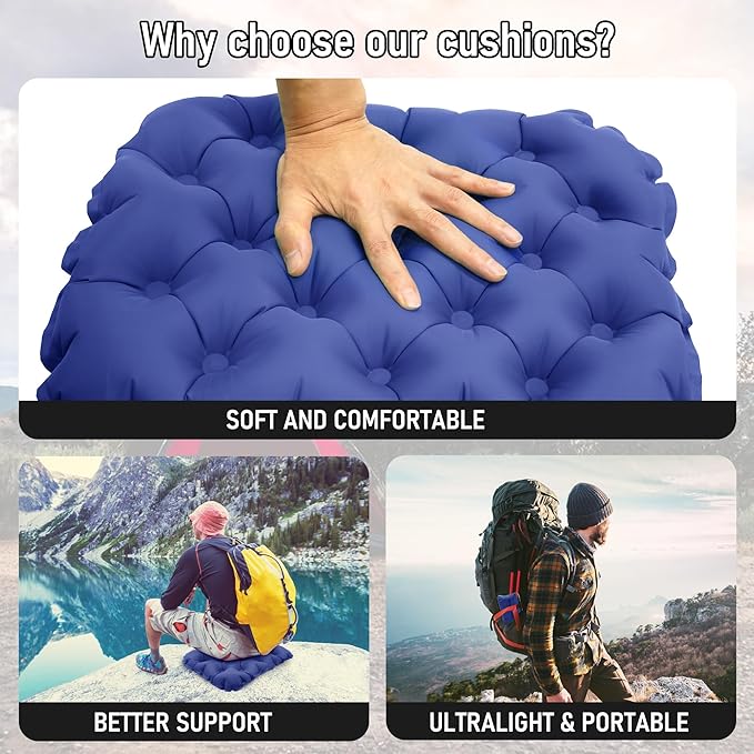 BreezCamp Inflatable Seat Cushion, Lightweight Stadium Seat Pad, Camping Accessories Chair Pad for Airplane Travel, Hiking, Climbing, Home and Office,Navy Blue