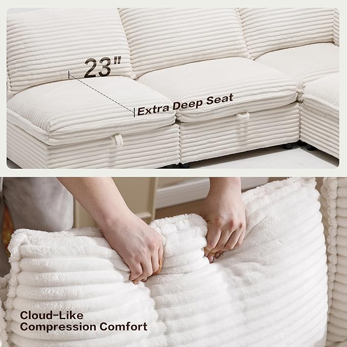 125" Oversized Modular 6 Seater Sofa with Removable Covers and Storage, Convertible U, L-Shaped and Sleeper Sectional, Modern Corduroy Couches with Ottoman Chaise for Living Room, Apartment, White
