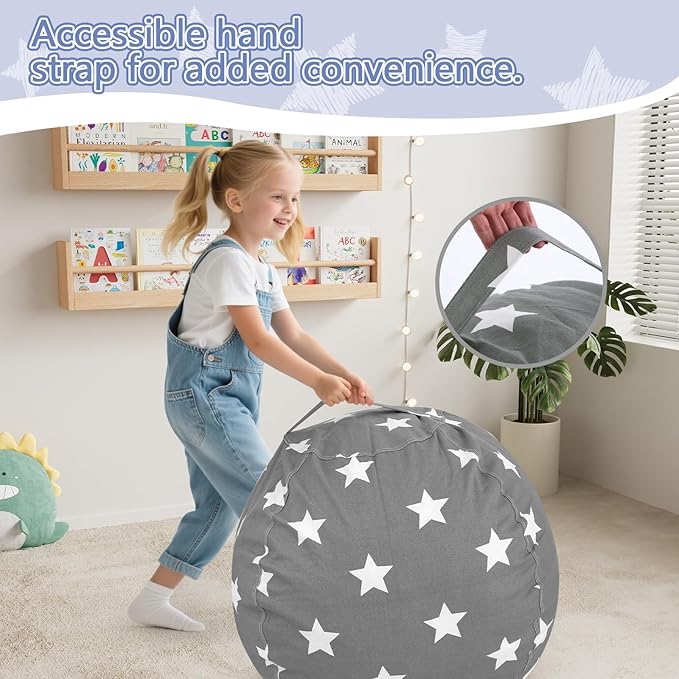 COMAX Bean Bag Chair for Kids, Kid Beanbag Chair Cute, Cotton Canvas Lazy Chair with Shredded Foam Filling, Stuffed Floor Sofa Couch for Boys and Girls, Grey Stars