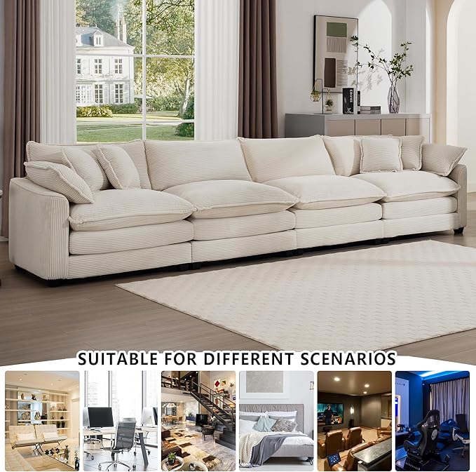 Aoowow Corduroy 4 Seater Sofa Couch,Modern Large Cloud Couches for Living Room,Tufted Modular Sectional Cloud Sofas with Deep Seat,Oversized 4 Seat Sofa Set (Beige, 4 Seater)
