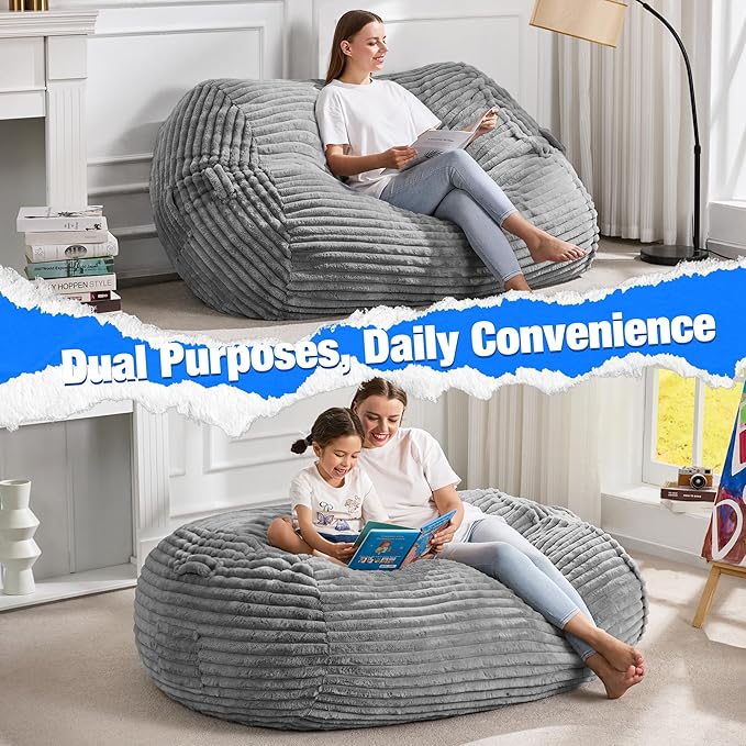 Hobestluk 4FT Bean Bag Chairs Adult Bean Bag with Portable Handle Comfy Large Bean Bag Chair with Removable Cover for Living Room Bedroom or Reading Nook (Stripe Grey, 4FT)