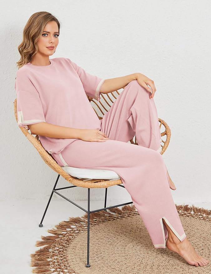 Faleave Womens Knit 2 Piece Sweater Sets Short Sleeve Pullover Tops Elastic Waist Wide Leg Pants Lounge Set