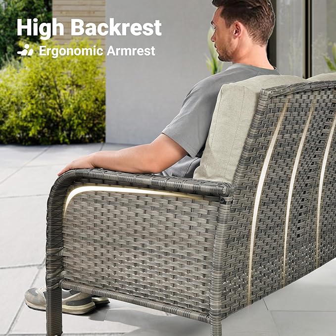 ovios 2 Pieces Patio Furniture Set, Outdoor Wicker Sofa with Glass Coffee Table, All Weather High Back Rattan Loveseat Couch 2 Seats with Comfy Cushions, Beige