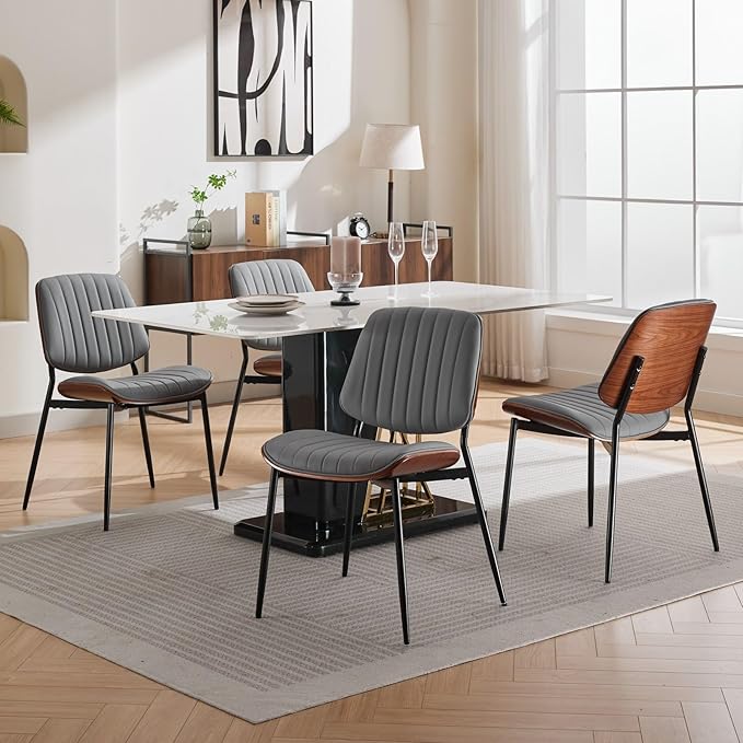 YaFiti Dining Chairs Set of 8, Mid Century Modern Accent Dining Room and Kitchen Chairs, Upholstered PU Leather Vertical Stripe Chairs for Vanity with Walnut Bentwood and Metal Legs, Gray