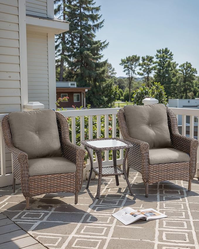 ACTREST 3 Piece Patio Brown Wicker Chairs with Side Table - Outdoor High Back Heavy Duty All-Weather Lawn Dining Rattan Chair Conversation Bistro Set for Deck Porch Balcony Backyard Garden - Grey