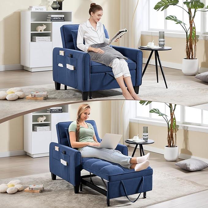 choairy Convertible Sleeper Chair, 3 in 1 Sleeper Chair Bed Pull Out Sofa Bed Chair, Single Sofa Bed Adjustable Backrest Chairs Bed Sleeper for Adults Reading Living Room, Bedroom, Velvet Blue