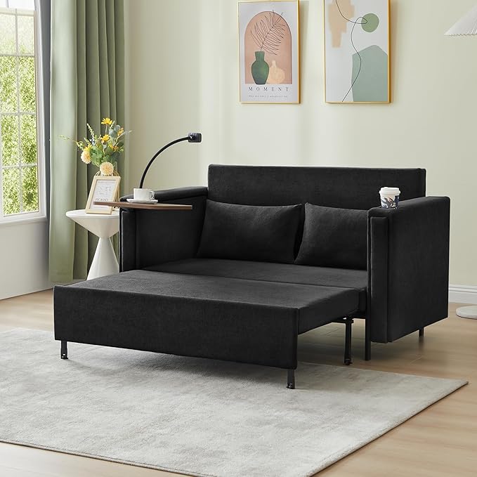 ORRD Pull Out Sofa Bed, 2-in-1 Multi-Functional Sleeper Couch Small Loveseat Bed with Hidden Side Table, Phone Holder and Cup Holder for Living Room, Small Space, Apartment (Black)