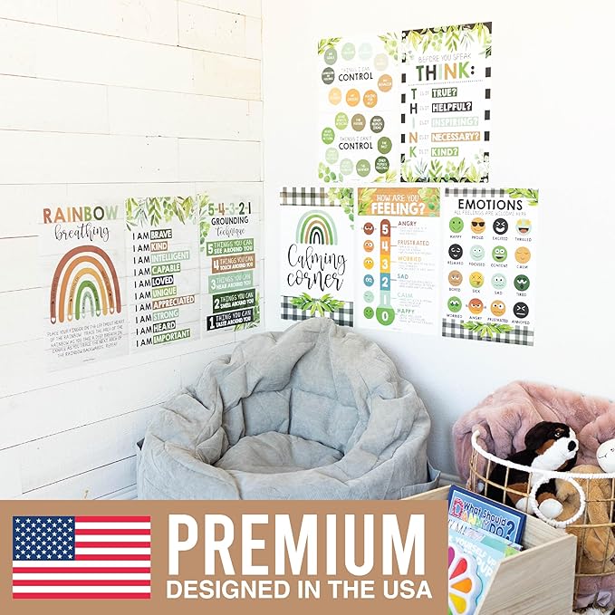 Hadley Designs 8 Calming Corner Posters For Classroom Must Haves For Teachers - 11x17 Calm Down Corner Supplies, Feelings Chart For Kids Ages 4-8, Toddler Emotions Chart, Farmhouse Classroom Decor