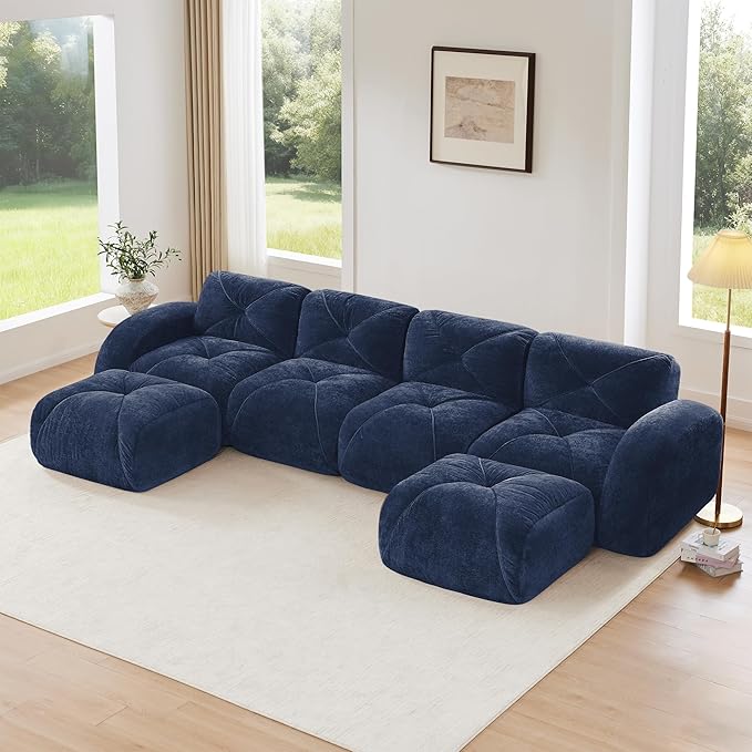Modular Sectional Sofa with Free Combination,Oversized Boneless Floor Couch for Living Room & Lounge,Velvet 3-Seater Sectional Couch with 2 Ottomans,No Assembly Needed