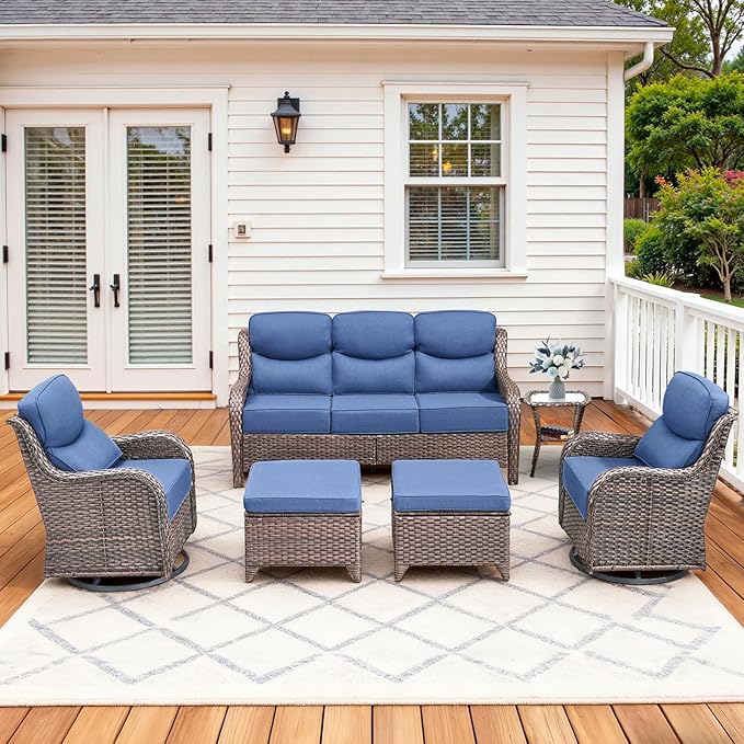 Pugire Luxury High Back Patio Furniture Set with 6-Inch Thick Cushions, 6-Pieces Outdoor Furniture with Swivel Chairs &Side Table, Wicker Conversation Set for Porch, Balcony, Deck and Yard, Brown/Blue