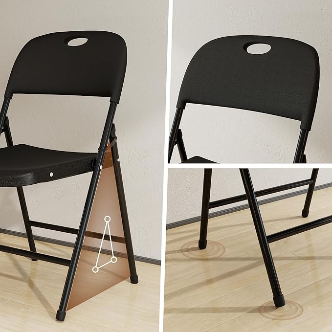 Folding Chairs, Plastic Foldable Chair, Outdoor Plastic Sturdy Metal Folding Chairs, Heavy Duty Foldable Commercial Seating for Picnic, Party, Patio 4 Pack Black