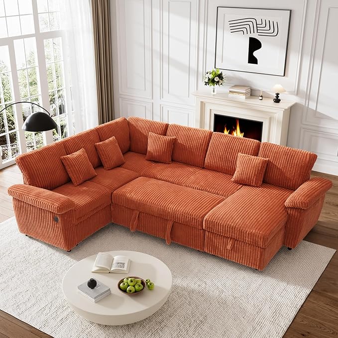 Modular Sectional Sleeper Sofa with Pull Out Bed, Storage Chaise & USB Charging, U Shaped Plush Corduroy Orange Sectional Couches for Living Room, Comfy Convertible 7 Seat Cloud Sofa Bed Orange