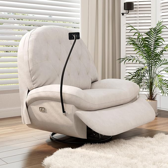 Power Recliner Chair - Reclining Sofa with USB Charging 270° Rocking 330 lbs Capacity Snow Velvet Fabric Rocker Recliner for Adults & Elderly Glider Rocking Chair for Living Room and Bedroom