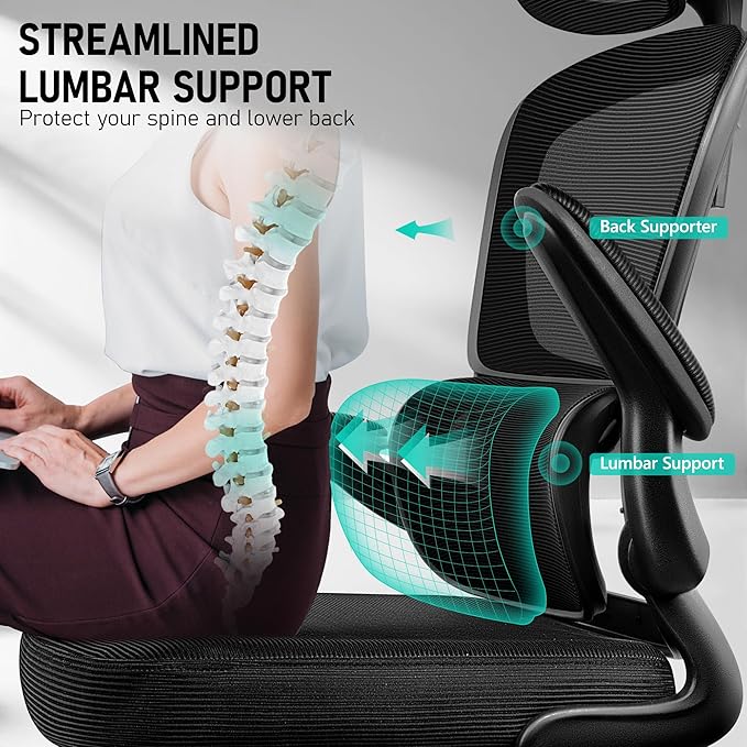 High Back Ergonomic Office Chair, Breathable Mesh Desk Chair with Lumbar Support, Adjustable Headrest, Flip-up Armrests, Computer Gaming Chair, (Black, 1Pack)