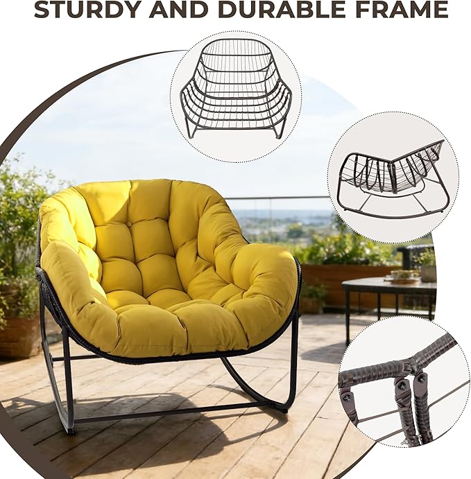 Sgentle Papasan Rocking Chair Outdoor, Oversized Patio Rocking Chair with Cushions & Steel Frame, Wicker Egg Lounge Chair Indoor, Comfy Reading Chair for Patio, Deck, Porch (Yellow, Style 1)