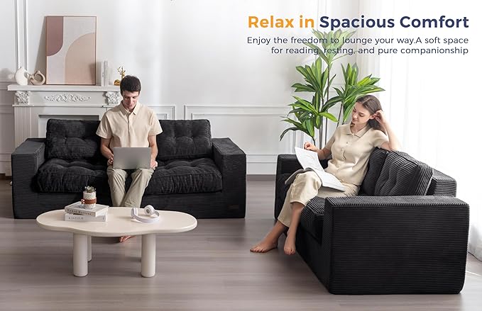MAXYOYO 3 Seater Couch for Living Room, Boneless Couch with Tufted Cushion & Backrest, Upholstered Floor Sofa for Adults, No Assembly Required, Black