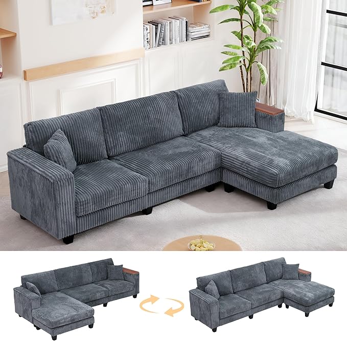 FurniMix 4-Seat Corduroy Sectional Sofa with Swappable Chaise, Soft Upholstery, Wide Seats & Armrest Storage,Gray