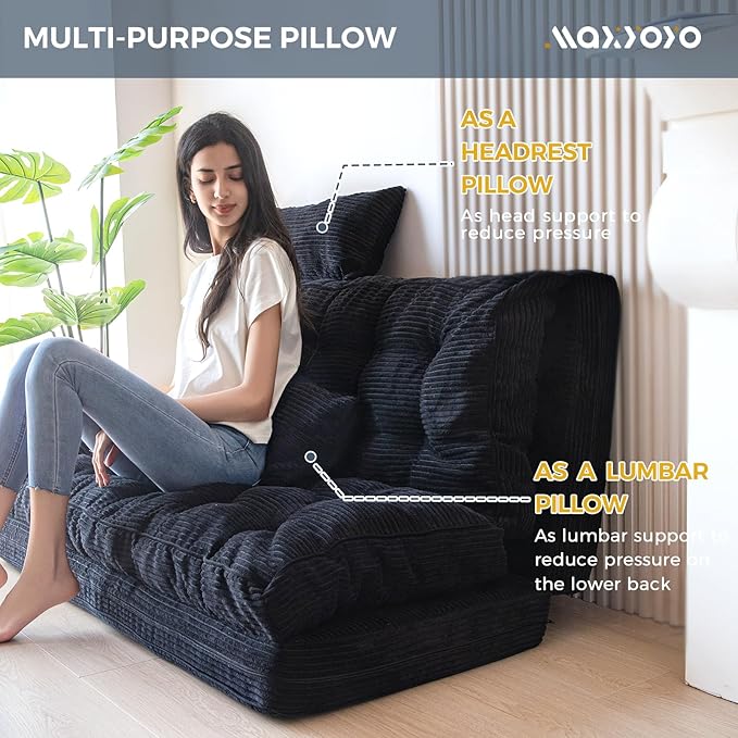 MAXYOYO Bean Bag Bed Tufted Folding Sofa with Pillows - Extra Thick & Long Floor Couch Bed for Adults, Black, 54x91 Inch